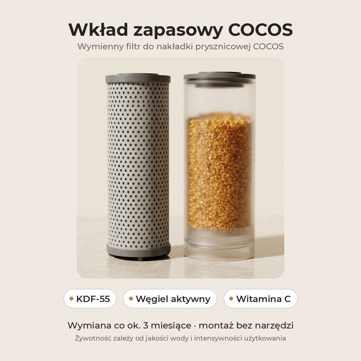 Budowa wkładu COCOS: element osadowy i element KDF-55 z węglem aktywnym i witaminą C